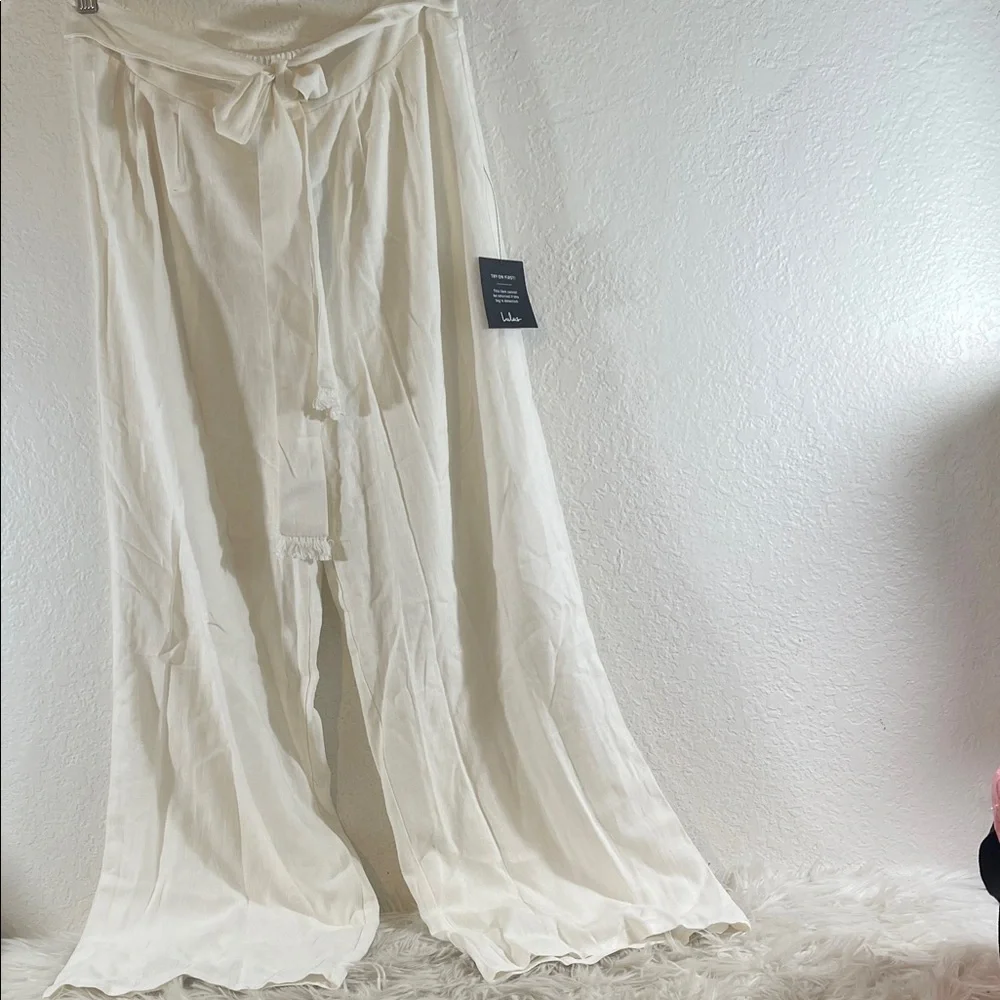 Lulus White Linen Blend with Bow Belted High-Waisted Wide-Leg Pants Size XL NEW - Picture 1 of 9